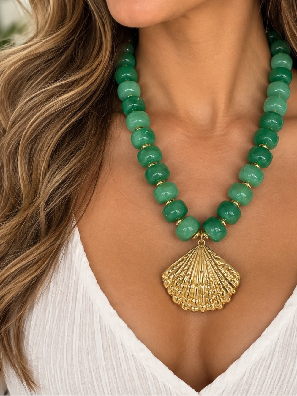 Gold Shell Pendant Green Beaded Necklace